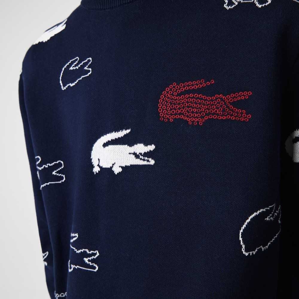 Lacoste Made In France Crew Neck Organic Pamuklu Jacquard Lacivert Mavi Beyaz | HK8152937