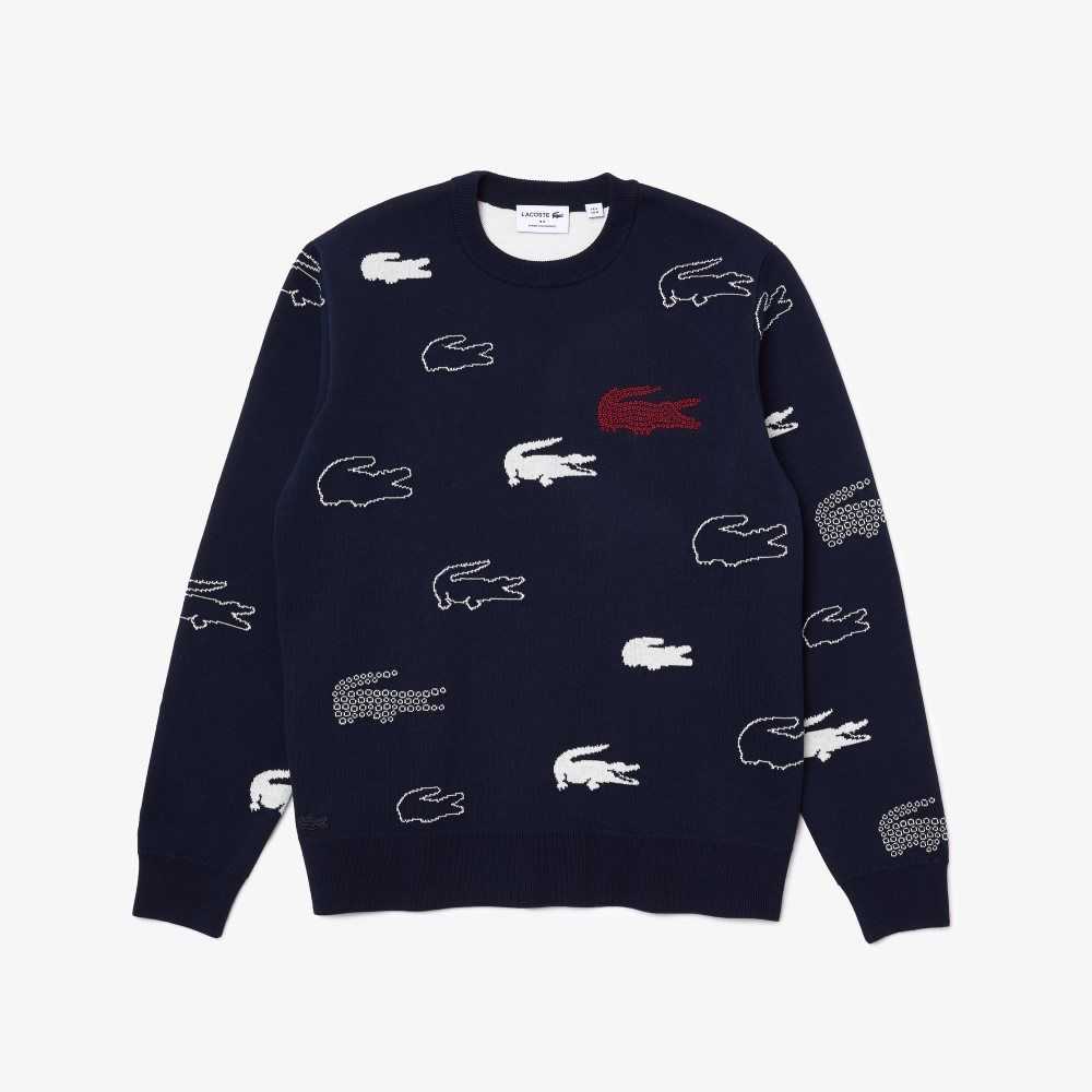 Lacoste Made In France Crew Neck Organic Pamuklu Jacquard Lacivert Mavi Beyaz | HK8152937