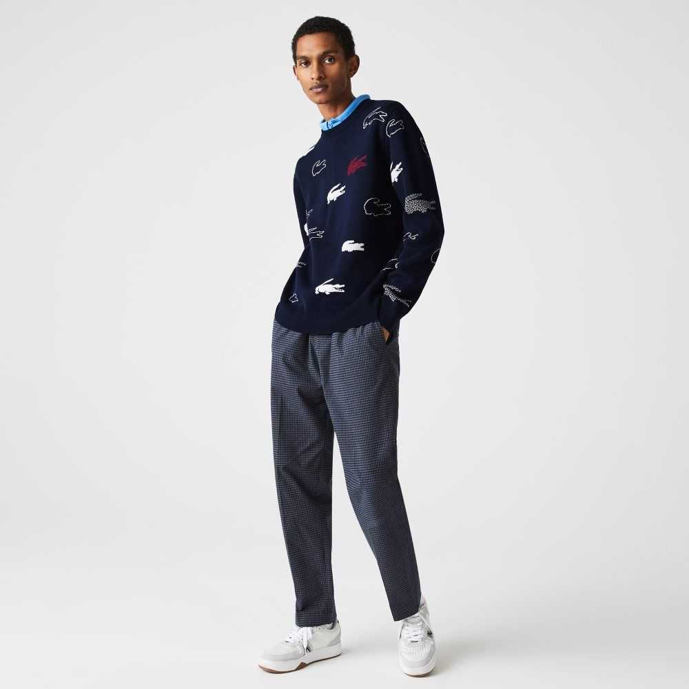 Lacoste Made In France Crew Neck Organic Pamuklu Jacquard Lacivert Mavi Beyaz | HK8152937