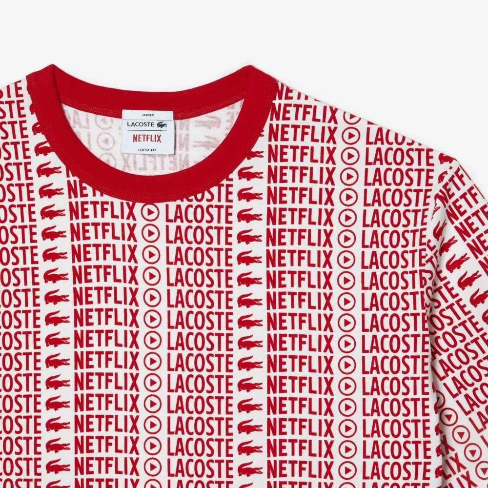 Lacoste Netflix Loose Fit Printed Beyaz Kırmızı | IS0492653