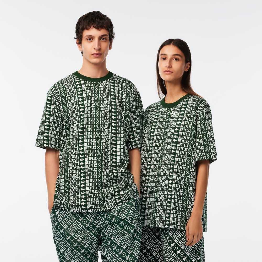 Lacoste Netflix Loose Fit Printed T-Shirt Yeşil Beyaz | JI8653479