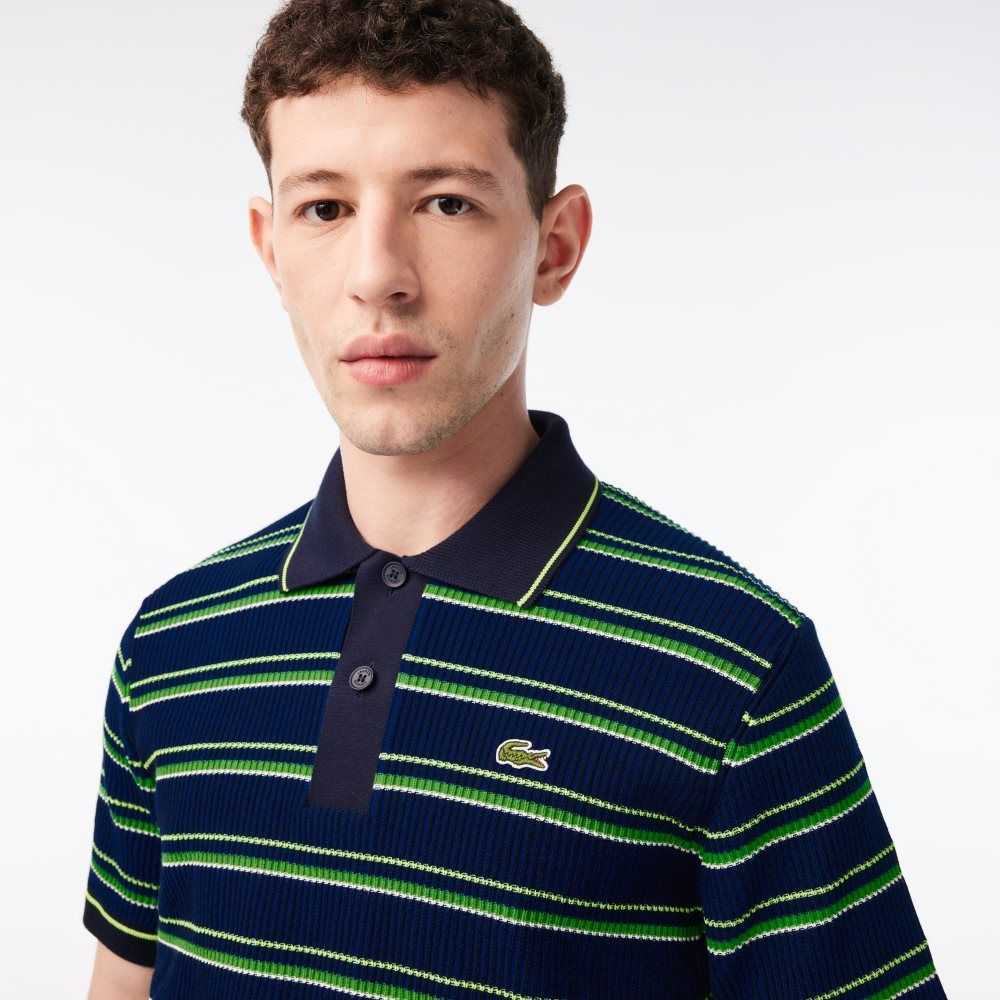 Lacoste Organic Pamuklu French Made Çizgili Polo Mavi Siyah Beyaz | TQ7140985