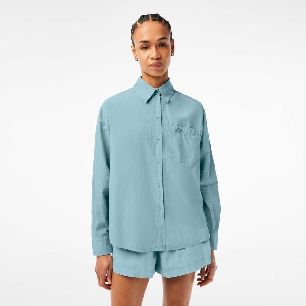 Lacoste Oversized Pamuklu Poplin Shirt Mavi | AW1953642