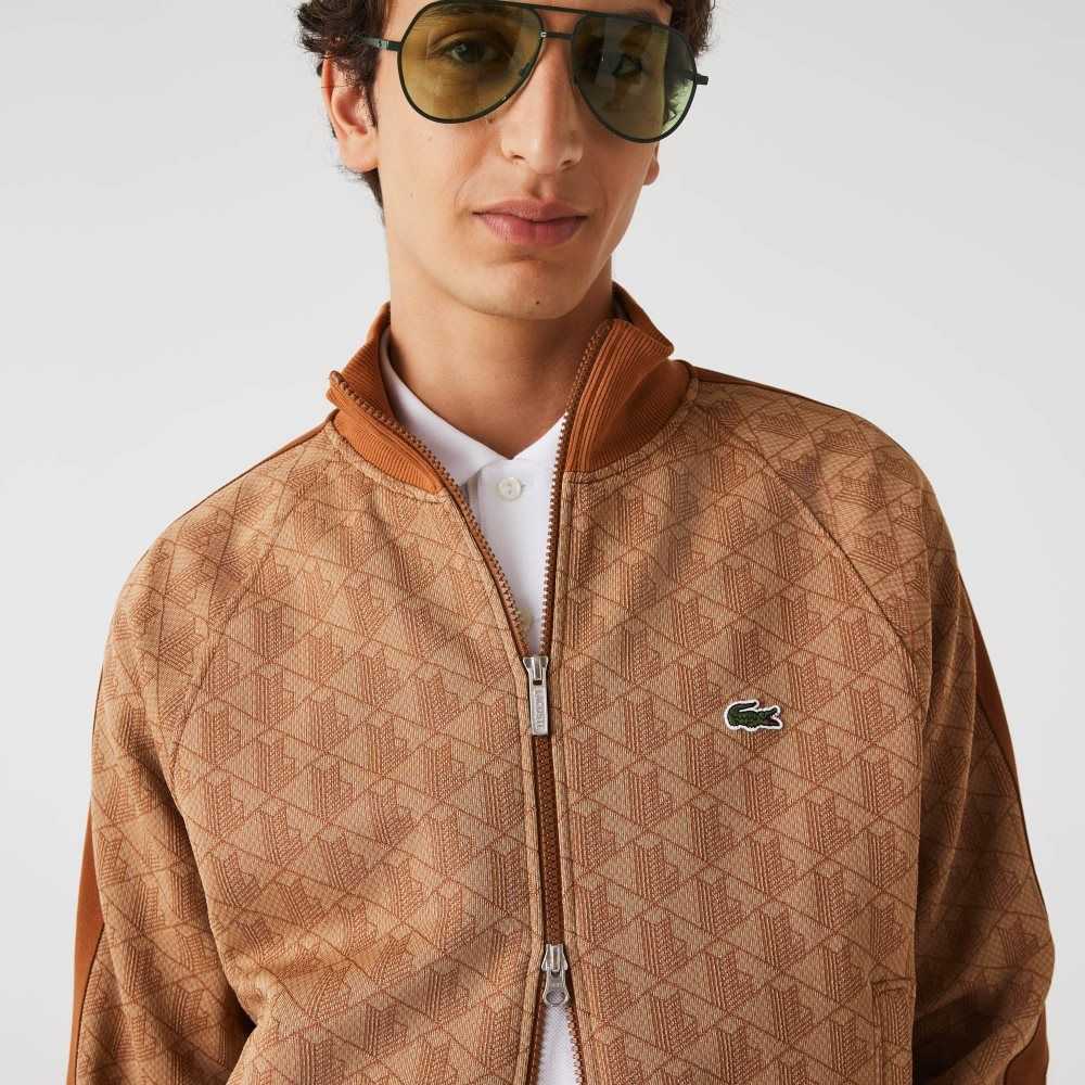 Lacoste Regular Fit Monogram Print Zip Bej Rengi Kahverengi | ID0274596