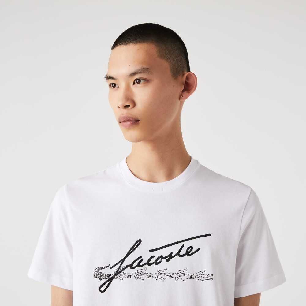 Lacoste Signature And Crocodile Print Crew Neck Pamuklu Beyaz | JS0971265