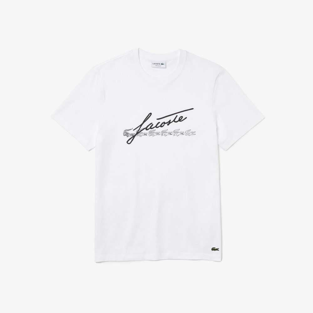 Lacoste Signature And Crocodile Print Crew Neck Pamuklu Beyaz | JS0971265