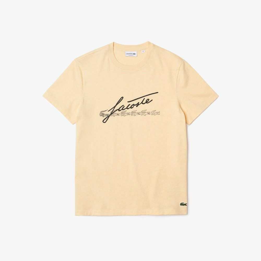 Lacoste Signature And Crocodile Print Crew Neck Pamuklu Sarı | LO3479815