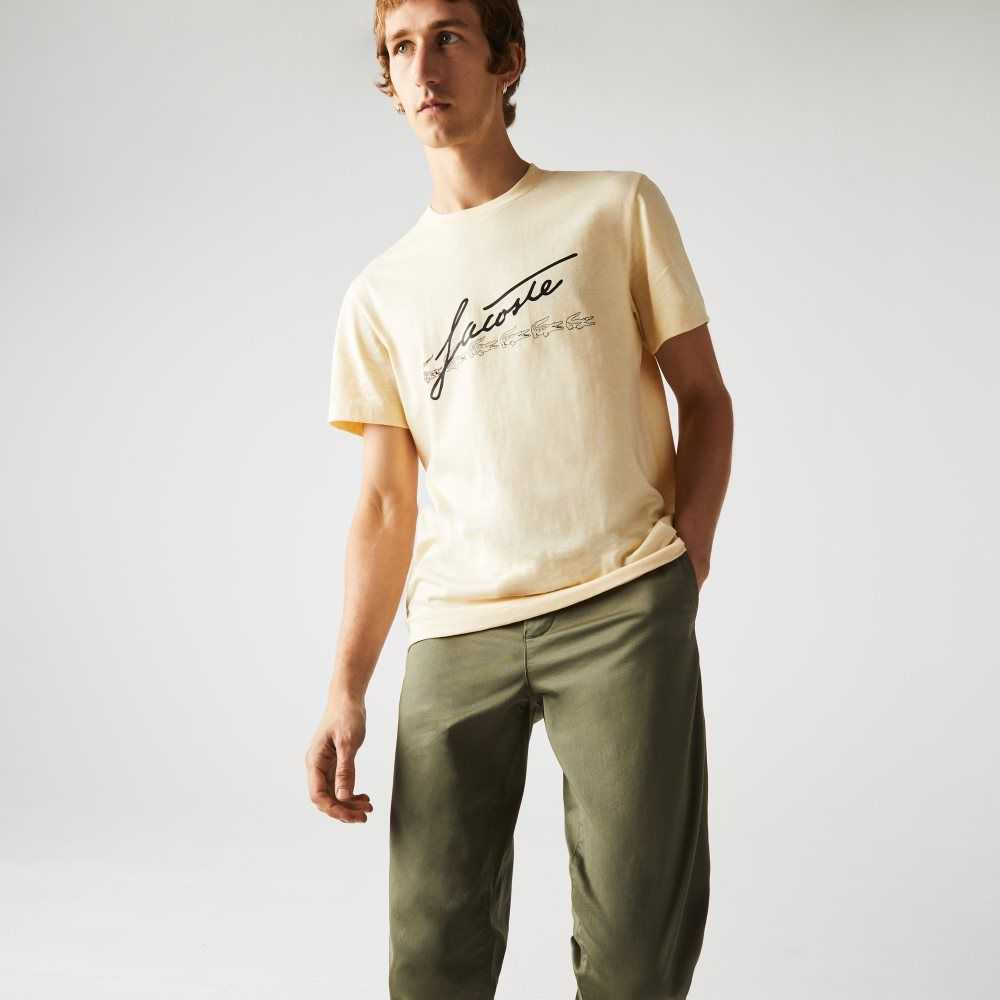 Lacoste Signature And Crocodile Print Crew Neck Pamuklu Sarı | LO3479815