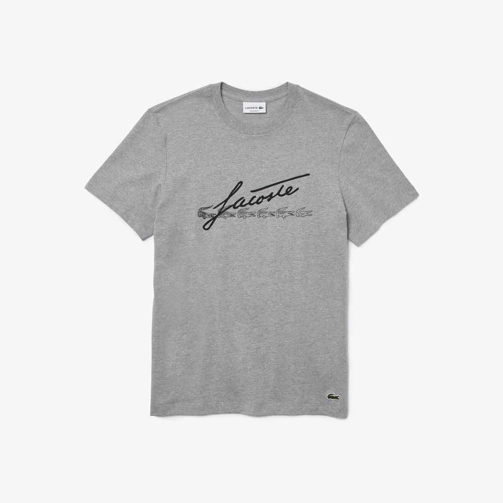 Lacoste Signature And Crocodile Print Crew Neck Pamuklu Gri | OT2169547