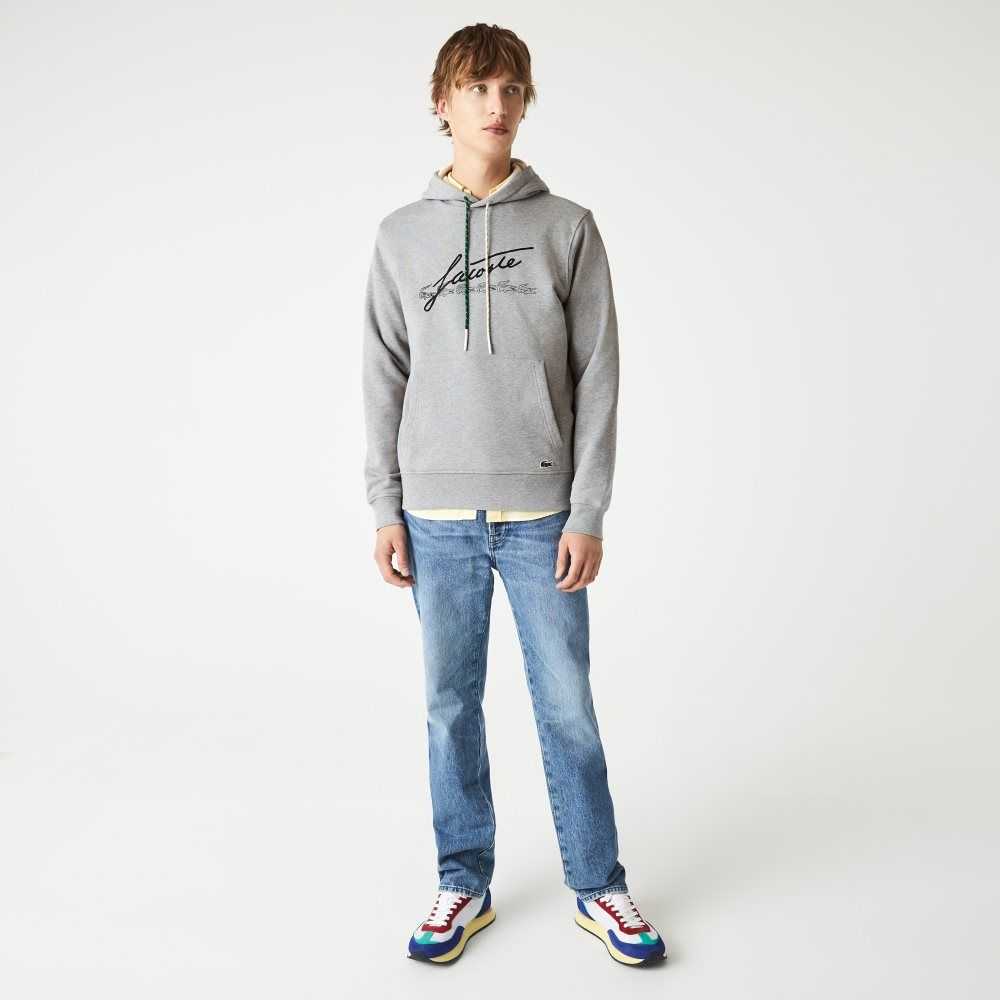 Lacoste Signature Flecked Pamuklu Fleece Hoodie Gri | XI4026738