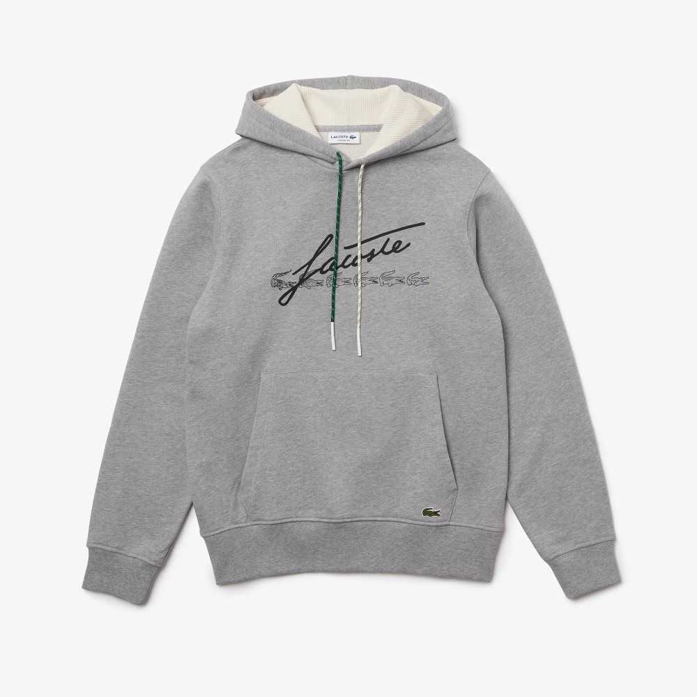 Lacoste Signature Flecked Pamuklu Fleece Hoodie Gri | XI4026738