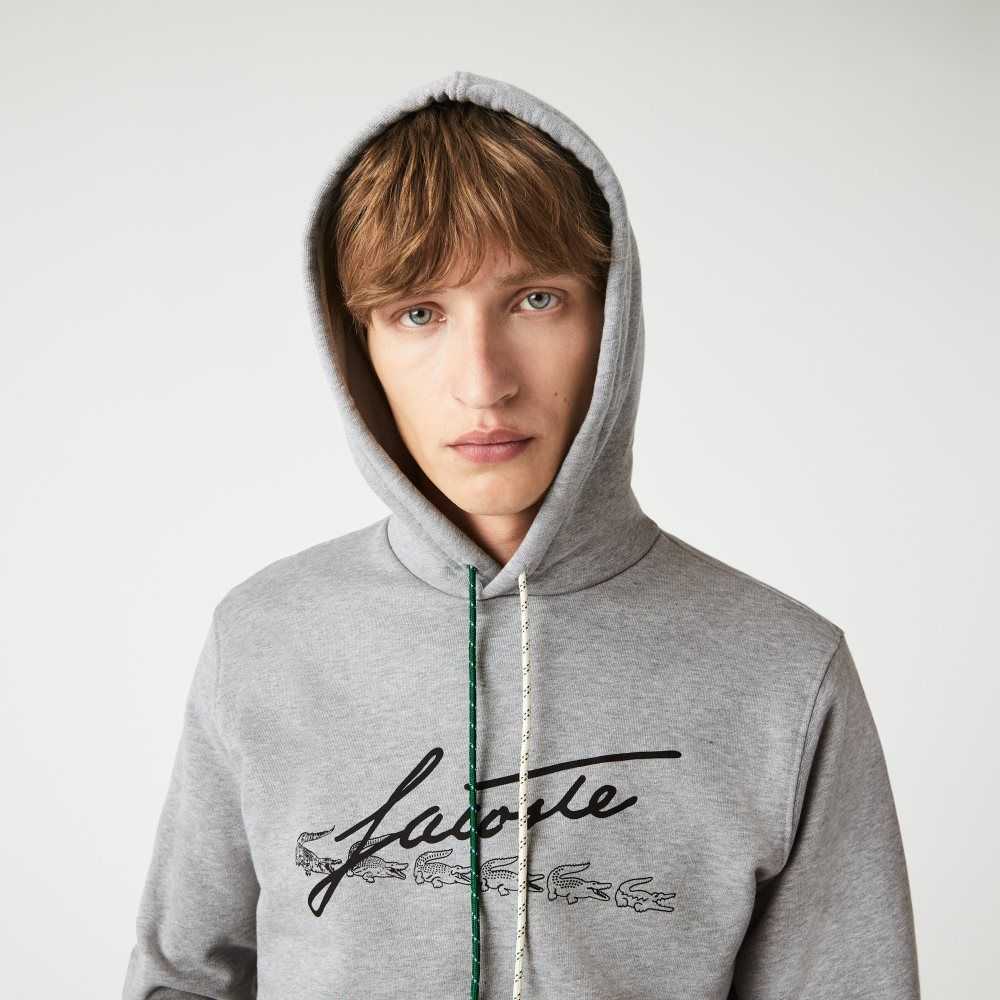 Lacoste Signature Flecked Pamuklu Fleece Hoodie Gri | XI4026738