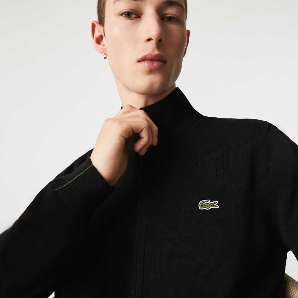 Lacoste Stand-Up Collar Organic Pamuklu Zippered Siyah | GS4932587