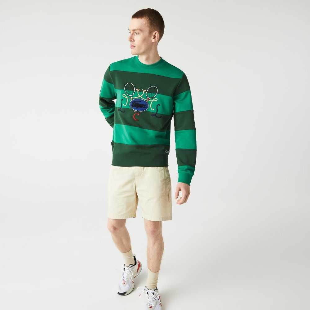 Lacoste Tenis Design Crew Neck Çizgili Pamuklu Fleece Yeşil | AJ0679234