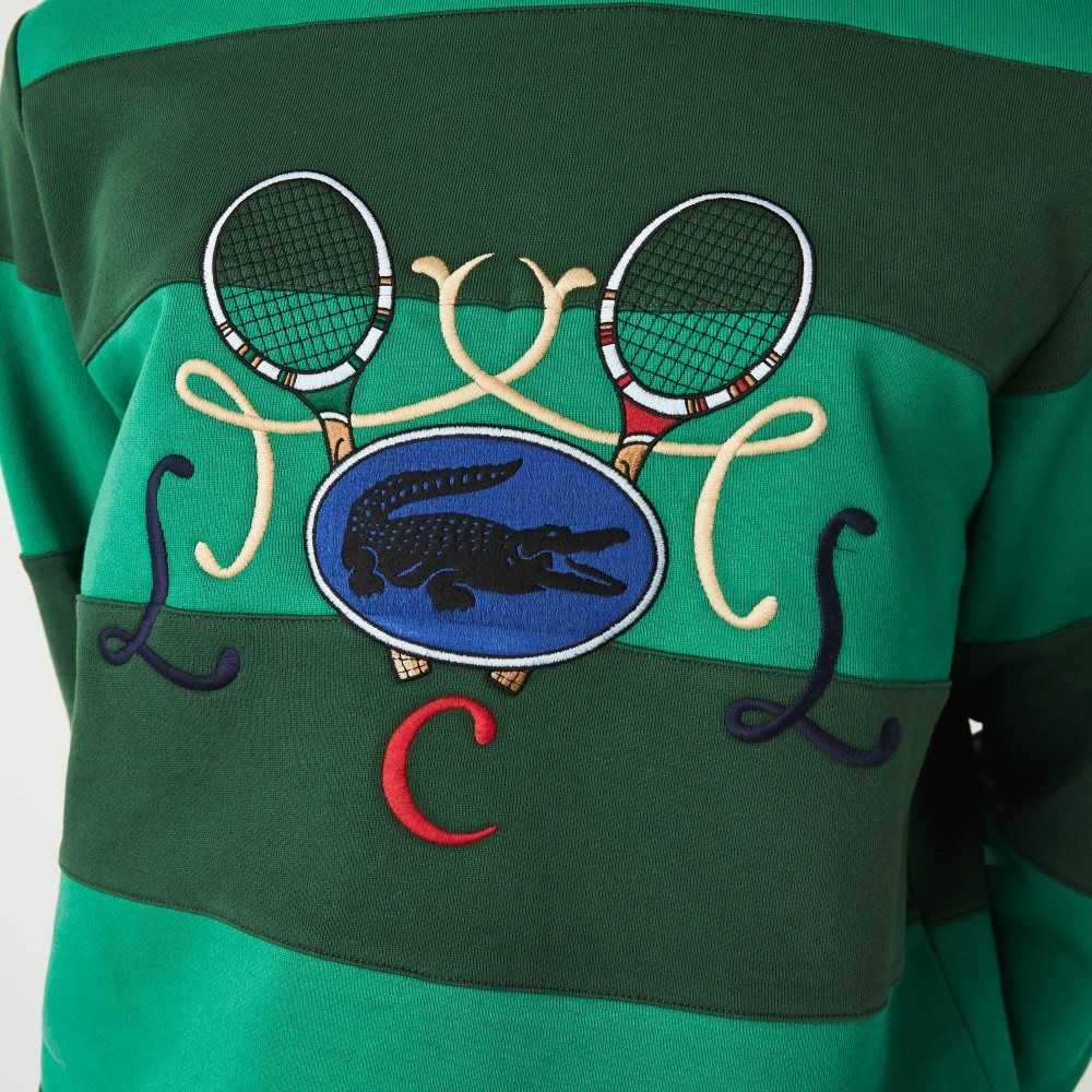 Lacoste Tenis Design Crew Neck Çizgili Pamuklu Fleece Yeşil | AJ0679234