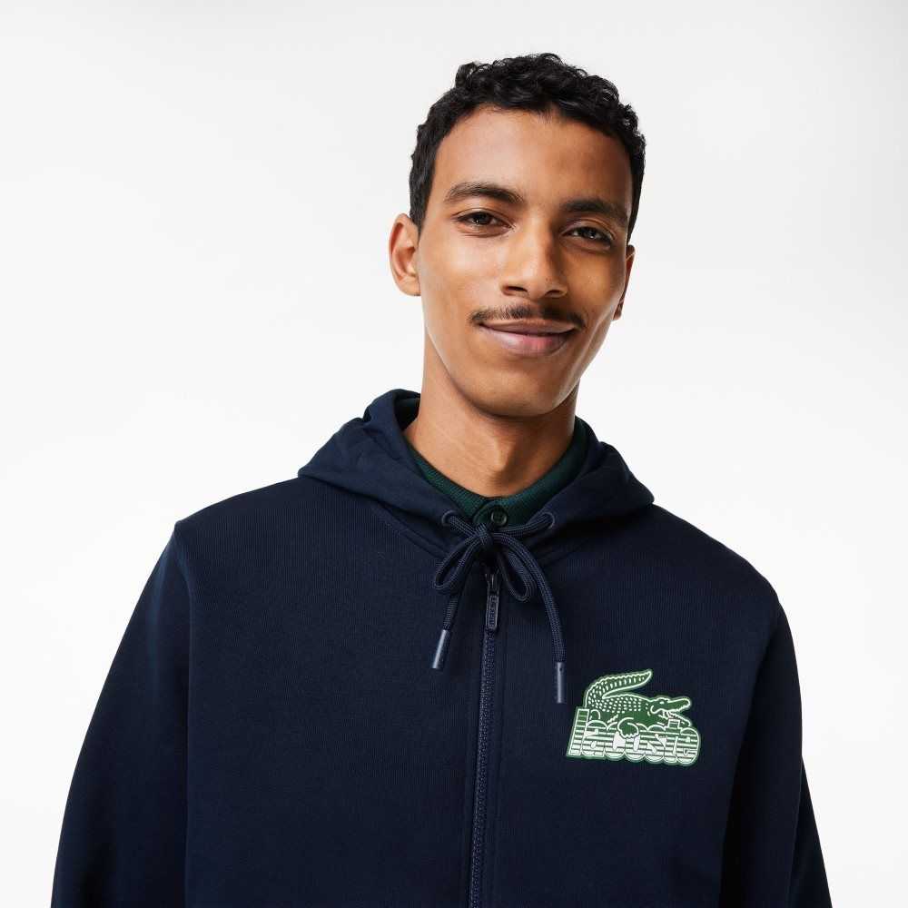 Lacoste Unbrushed Fleece Zipped Hoodie Lacivert Mavi | MU5908216