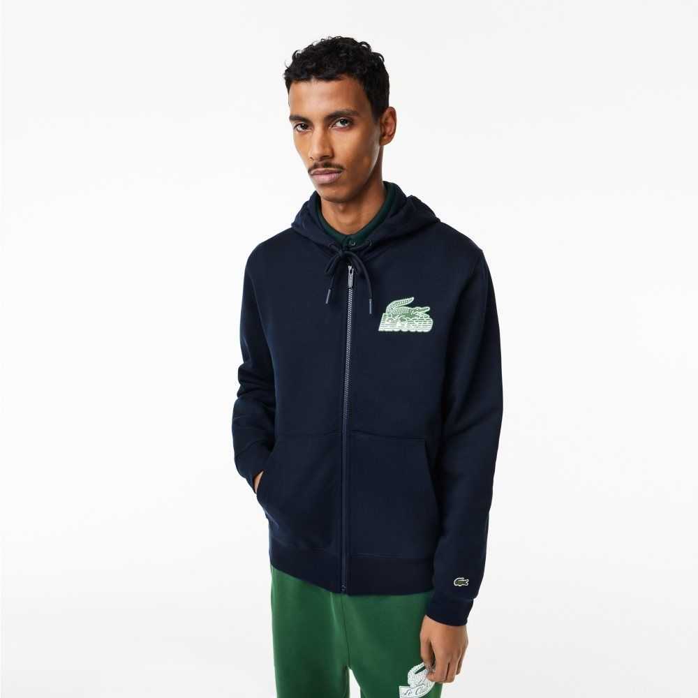 Lacoste Unbrushed Fleece Zipped Hoodie Lacivert Mavi | MU5908216