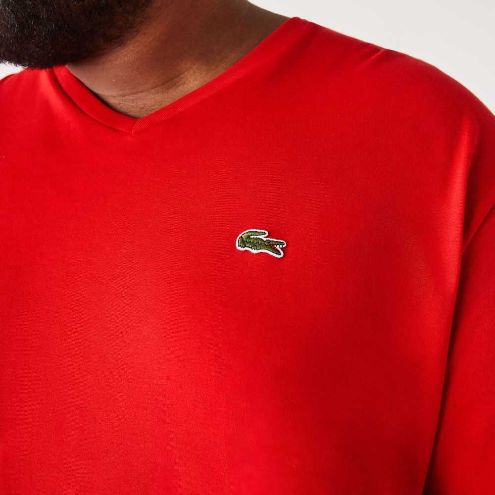 Lacoste Uzun Fit Nervürlü V-Neck Pamuklu Polo Kırmızı | DO4083562