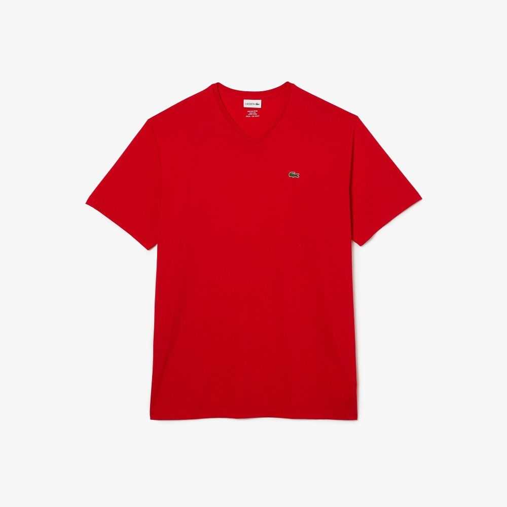 Lacoste Uzun Fit Nervürlü V-Neck Pamuklu Polo Kırmızı | DO4083562