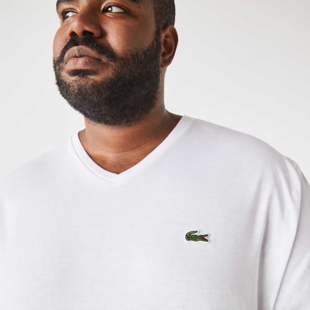 Lacoste Uzun Fit Nervürlü V-Neck Pamuklu Polo Beyaz | EF2907154