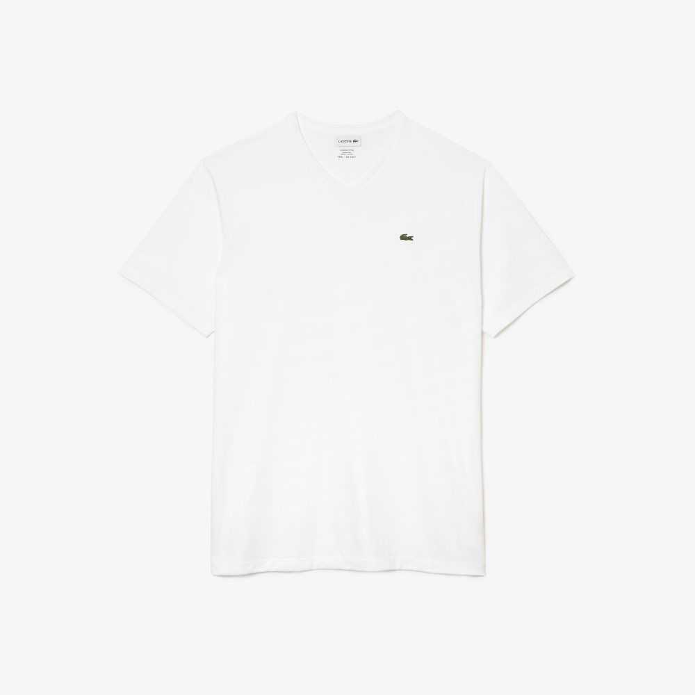 Lacoste Uzun Fit Nervürlü V-Neck Pamuklu Polo Beyaz | EF2907154