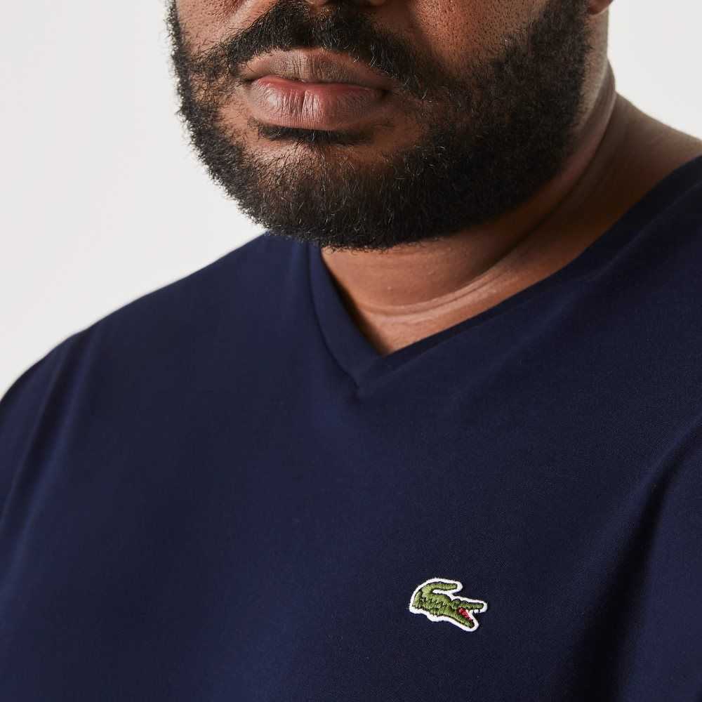 Lacoste Uzun Fit Nervürlü V-Neck Pamuklu Polo Lacivert Mavi | PR5837249