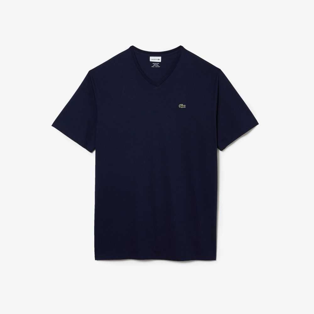 Lacoste Uzun Fit Nervürlü V-Neck Pamuklu Polo Lacivert Mavi | PR5837249