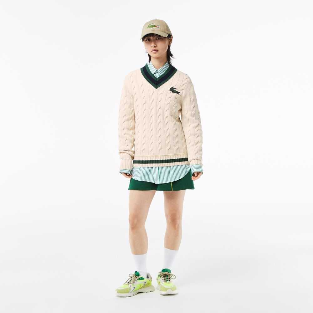 Lacoste V-Neck Cable Knit in Organic Pamuklu Beyaz | CY0412956