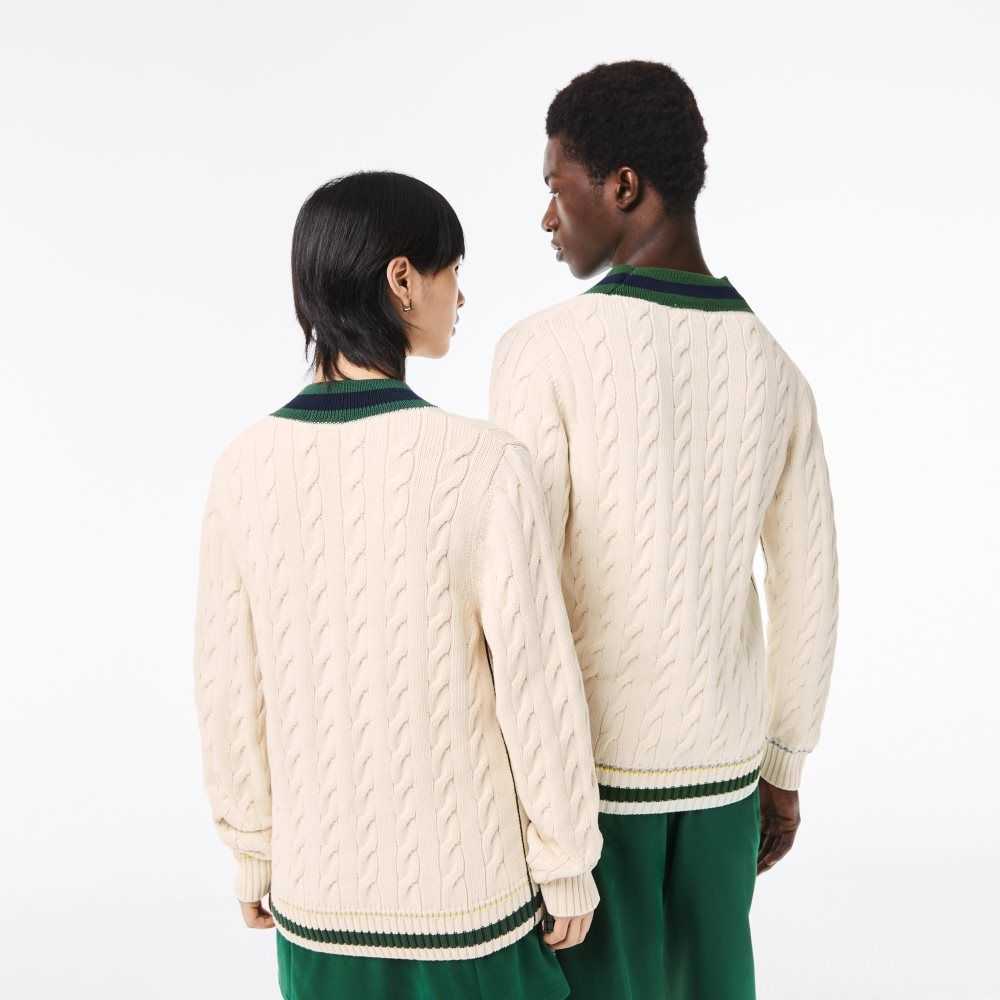 Lacoste V-Neck Cable Knit in Organic Pamuklu Beyaz | CY0412956