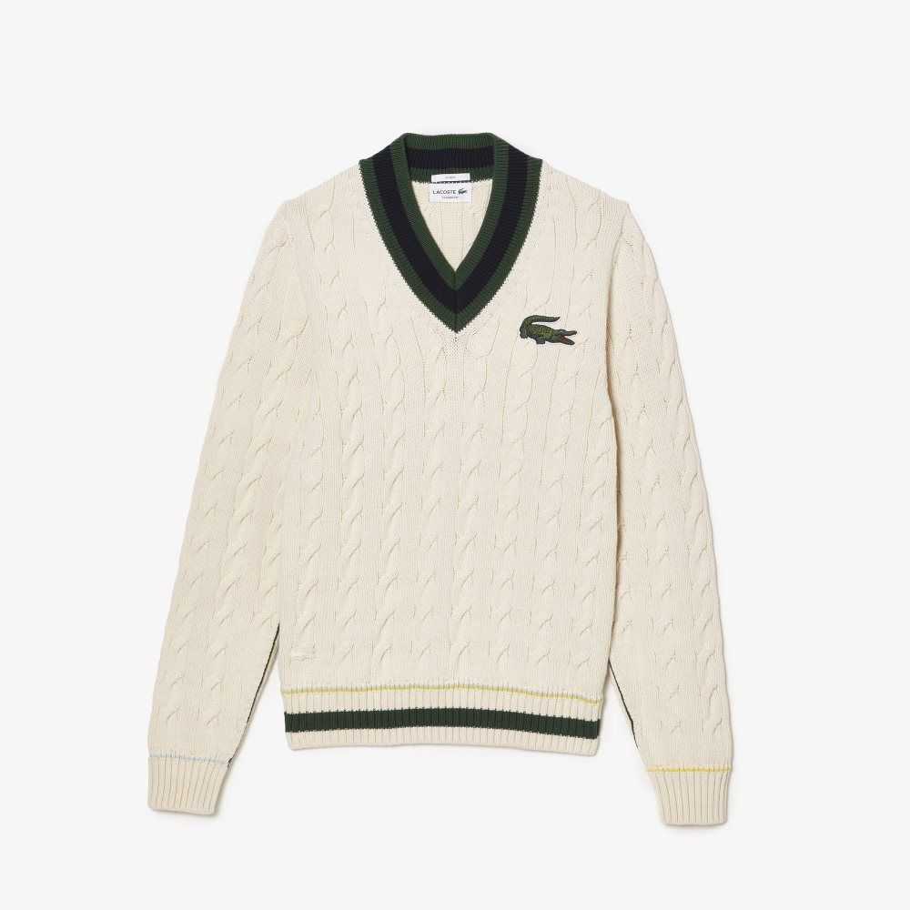 Lacoste V-Neck Cable Knit in Organic Pamuklu Beyaz | CY0412956