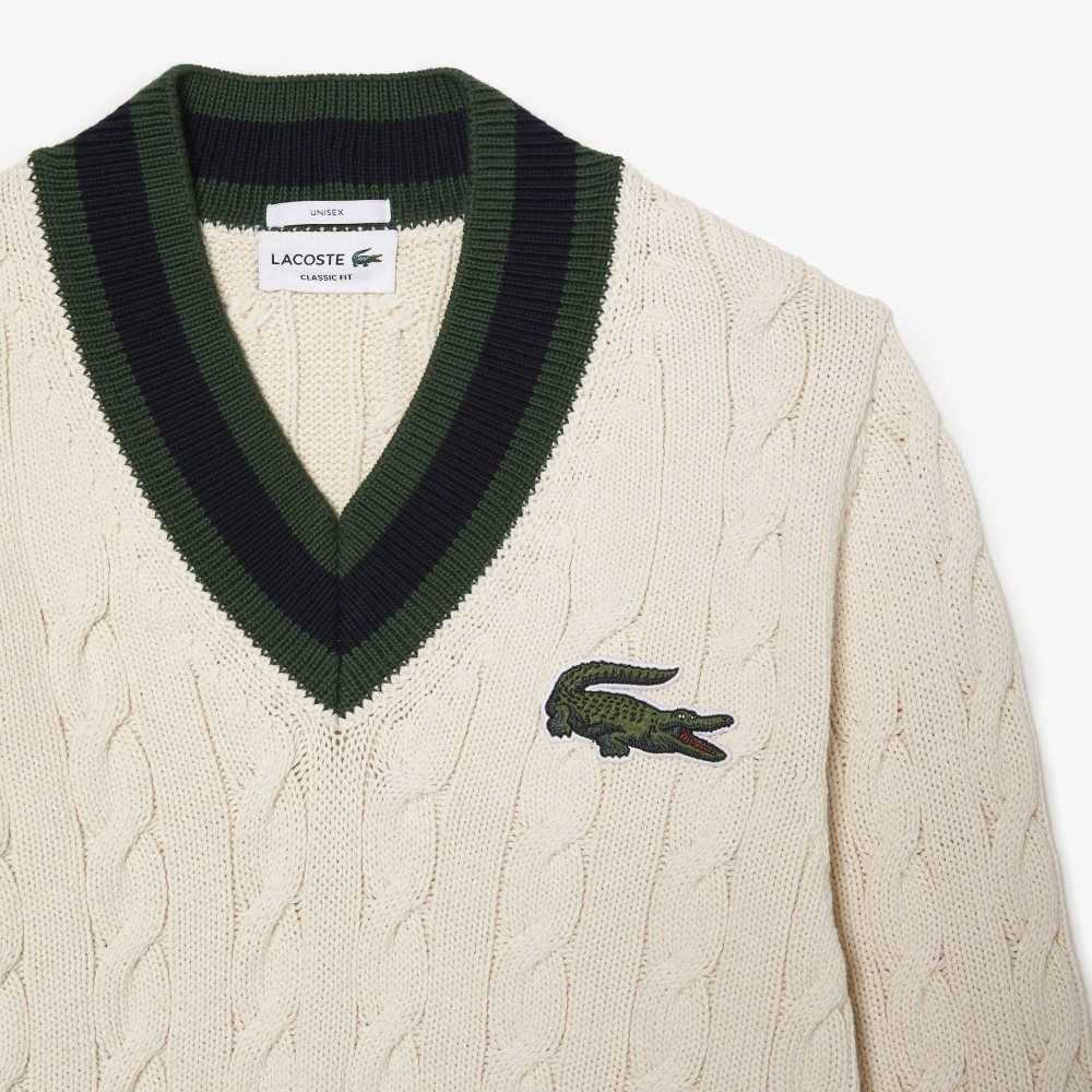 Lacoste V-Neck Cable Knit in Organic Pamuklu Beyaz | CY0412956