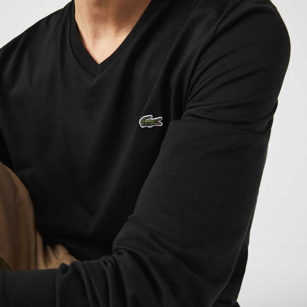 Lacoste V-Neck Hafif Pima Pamuklu Jersey Siyah | AK3642971