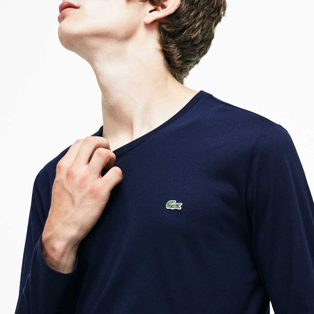 Lacoste V-Neck Hafif Pima Pamuklu Jersey Lacivert Mavi | DK6953201