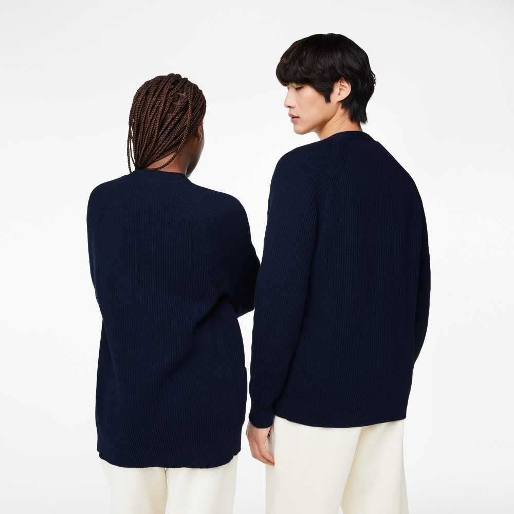 Lacoste V-Neck Organic Pamuklu Cardigan Lacivert Mavi | NU5396812