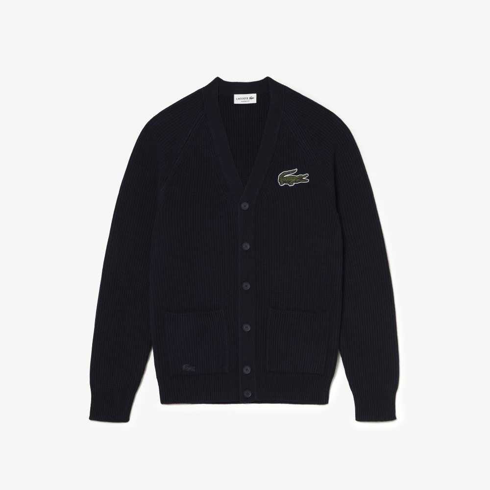 Lacoste V-Neck Organic Pamuklu Cardigan Lacivert Mavi | NU5396812