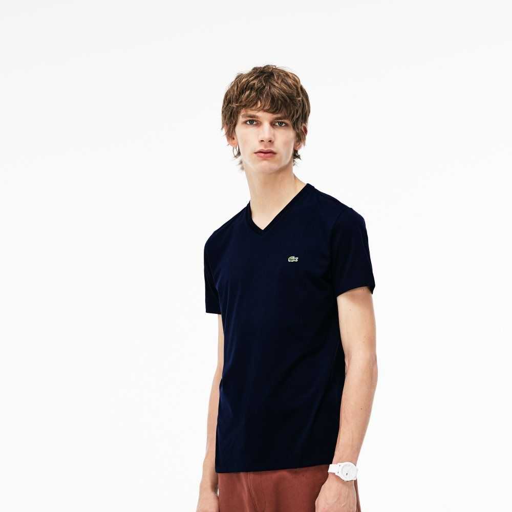 Lacoste V-Neck Pima Pamuklu Jersey Lacivert Mavi | UJ2453917