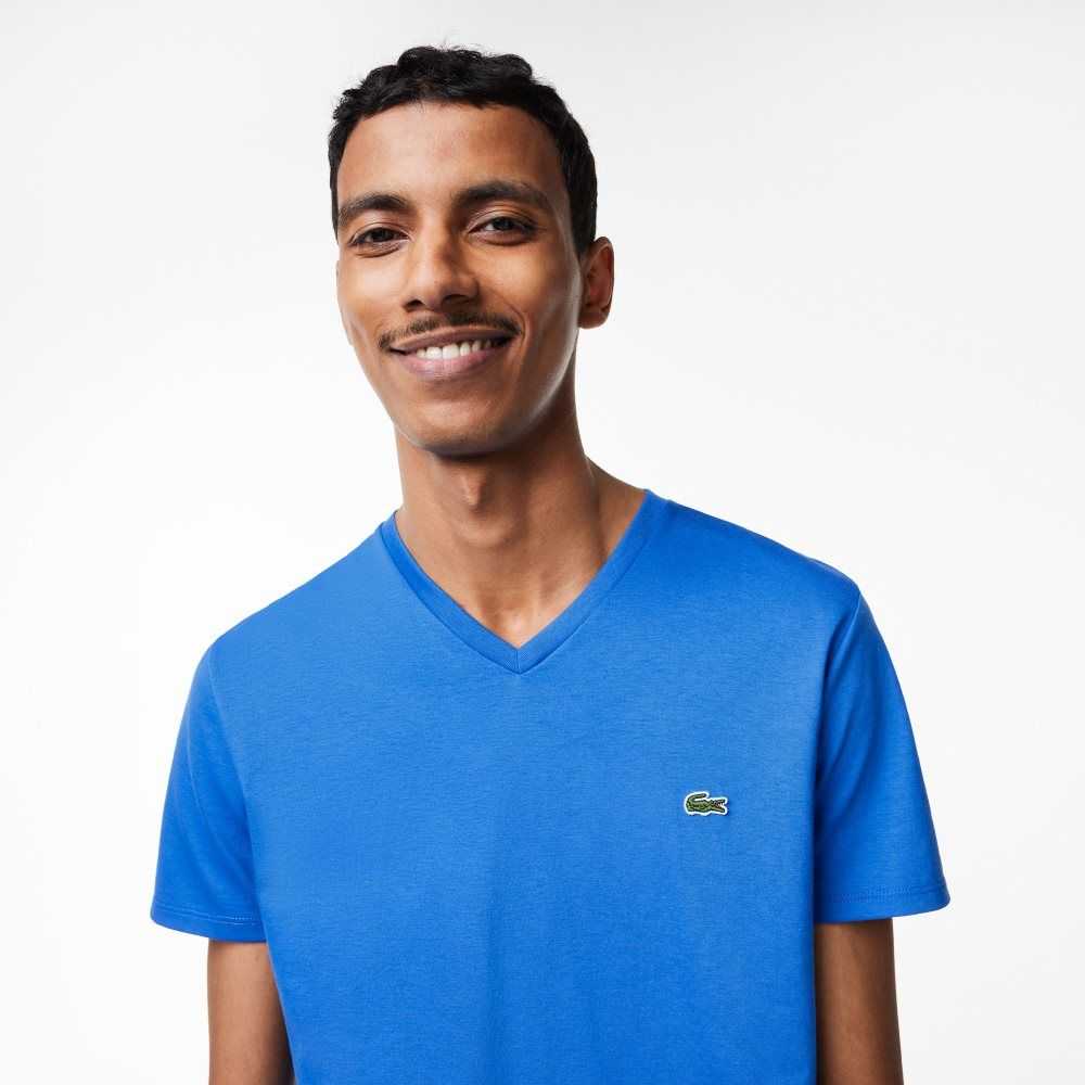 Lacoste V-Neck Pima Pamuklu Jersey Mavi | CE2189546