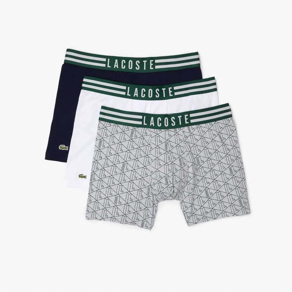 Lacoste Çizgili Belli Long Stretch Pamuklu Boksör Brief 3-Pack Gri Beyaz Lacivert Mavi | ON9831246